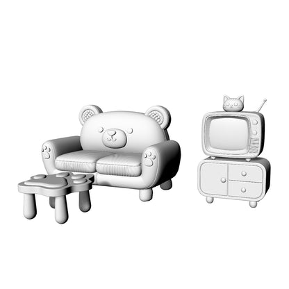 MRY-SFW LYTS639 3D Printed Cute Cartoon Bear Living Room Furniture Set, Unpainted White Model, Miniature Scene Ornaments