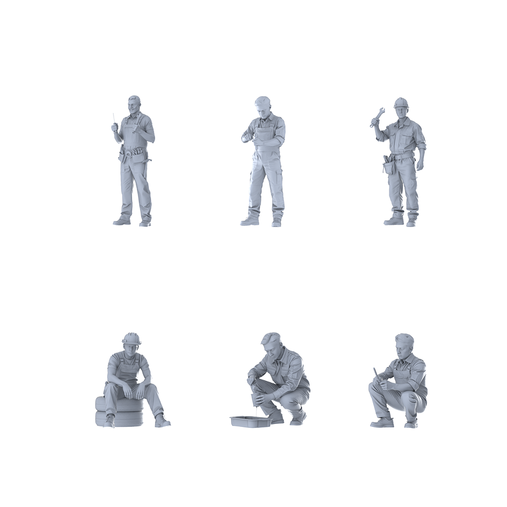 MRY-SFW LYTR587 Modern Mechanical Maintenance Workers Pose Group of 6 Miniature Car Diorama Figures Scene Props Accessories Resin