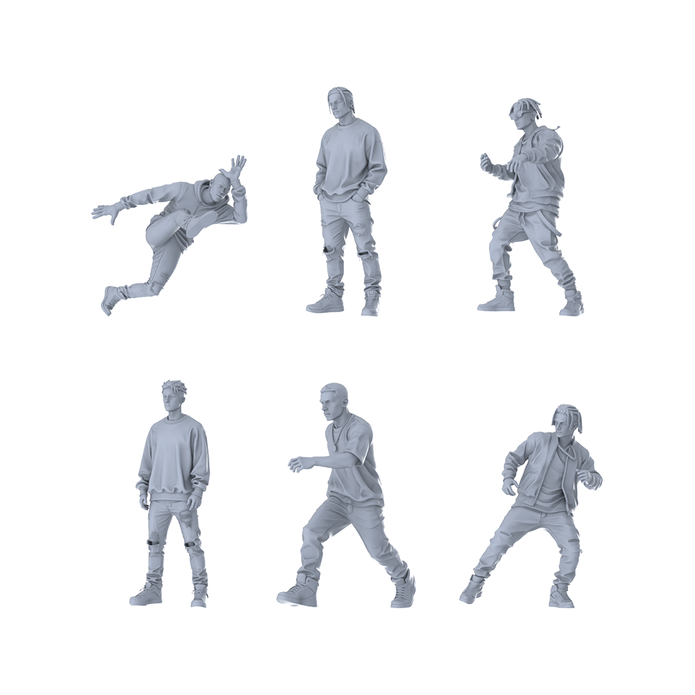 MRY-SFW LYTR627 Modern Street Hip-Hop Style Youth Male Multi-Pose Six-Person Set Miniature Car Diorama Figures Scene Props Accessories Resin