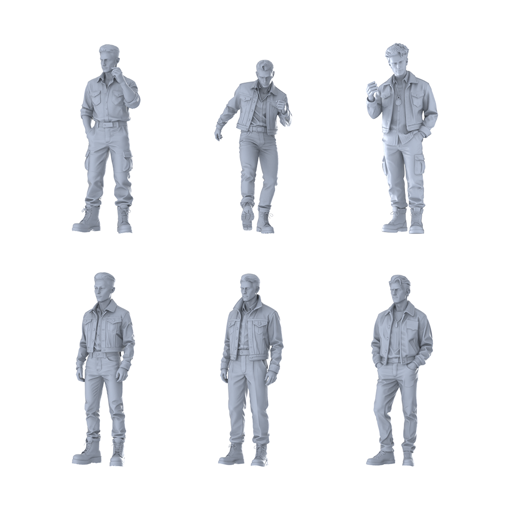MRY-SFW LYTR623 Modern Workwear Trend Style Youth Male Multi-Pose Six-Person Set Miniature Car Diorama Figures Scene Props Accessories Resin