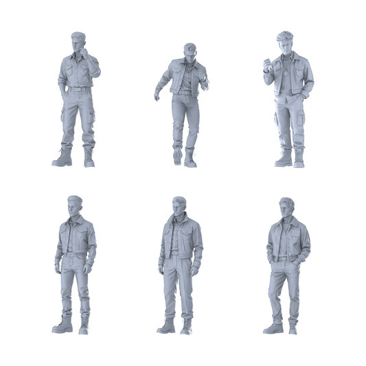 MRY-SFW LYTR623 Modern Workwear Trend Style Youth Male Multi-Pose Six-Person Set Miniature Car Diorama Figures Scene Props Accessories Resin
