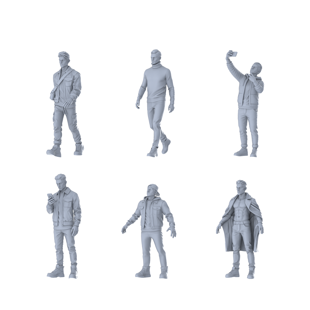 MRY-SFW LYTR606 Modern Urban Style Youth Male Multi-Pose Six-Person Set Miniature Car Diorama Figures Scene Props Accessories Resin