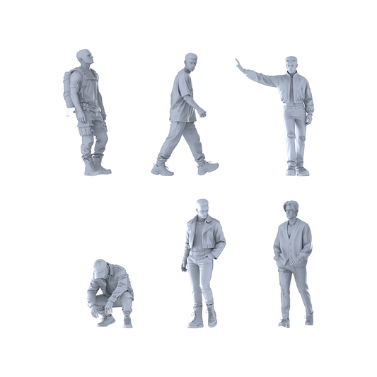 MRY-SFW LYTR621 Modern Functional Trend Style Youth Male Multi-Pose Six-Person Set Miniature Car Diorama Figures Scene Props Accessories Resin
