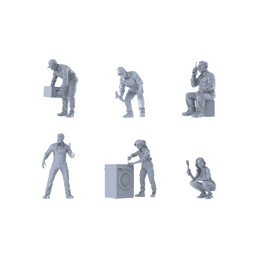 MRY-SFW LYTR580 Modern Maintenance Service Workers Pose Group of 6 Miniature Car Diorama Figures Scene Props Accessories Resin