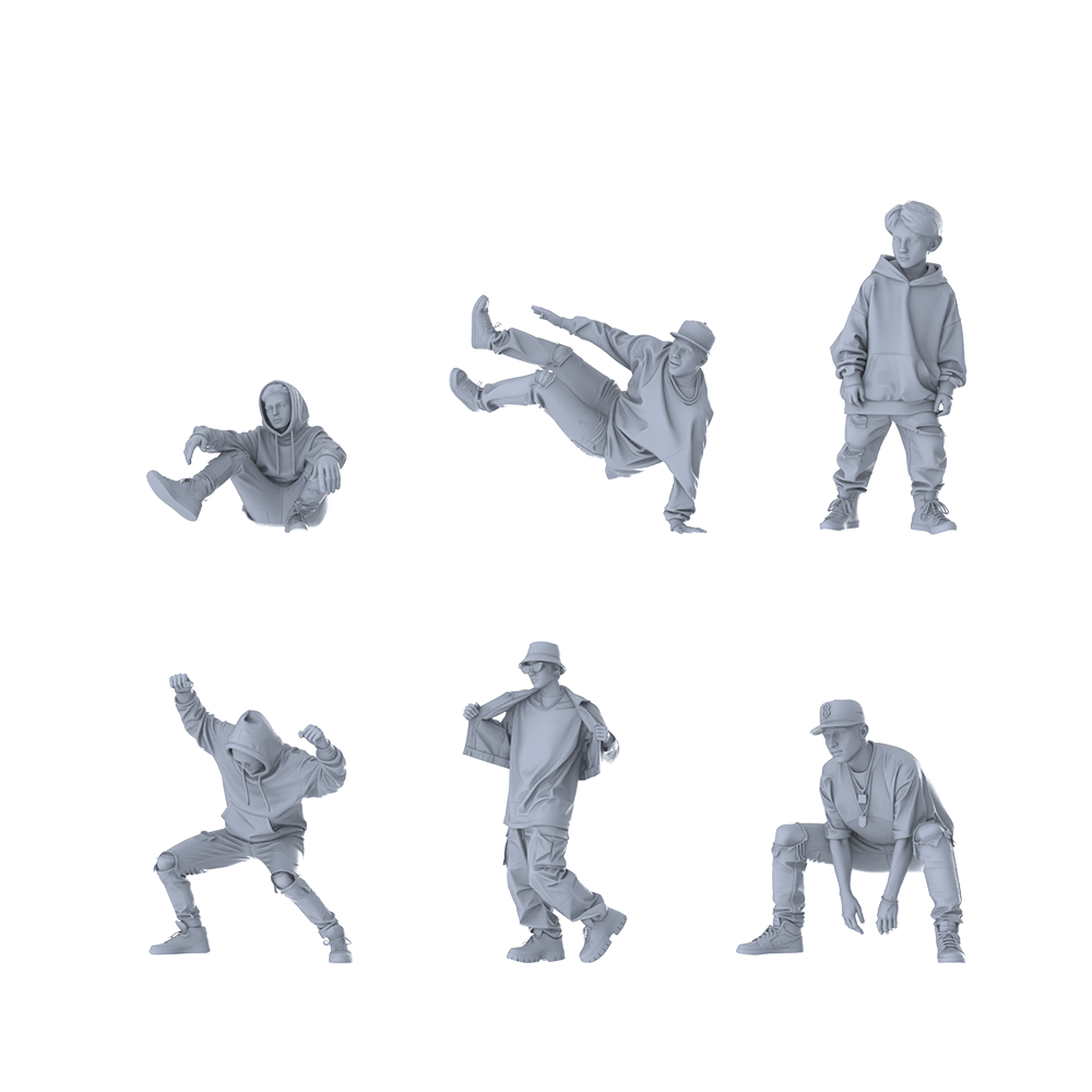 MRY-SFW LYTR603 Modern Street Style Diverse Hip-Hop Pose Six-Person Set Miniature Car Diorama Figures Scene Props Accessories Resin