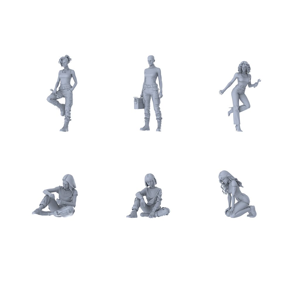MRY-SFW LYTR591 Modern Trendy Utility-Style Women Pose Group of 6 Miniature Car Diorama Figures Scene Props Accessories Resin