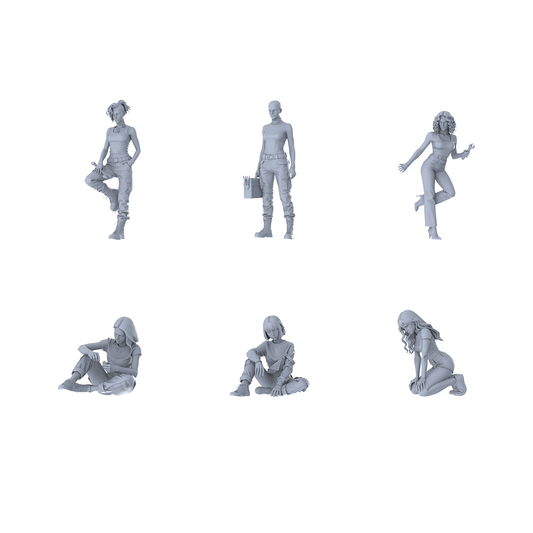 MRY-SFW LYTR591 Modern Trendy Utility-Style Women Pose Group of 6 Miniature Car Diorama Figures Scene Props Accessories Resin