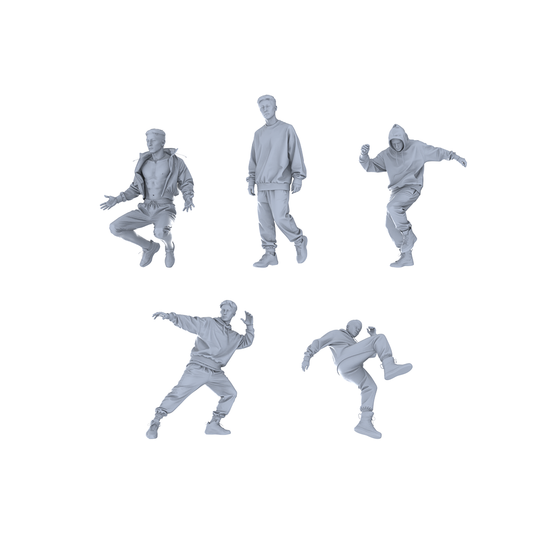 MRY-SFW LYTR628 Modern Street Trend Style Youth Male Multi-Pose Five-Person Set Miniature Car Diorama Figures Scene Props Accessories Resin