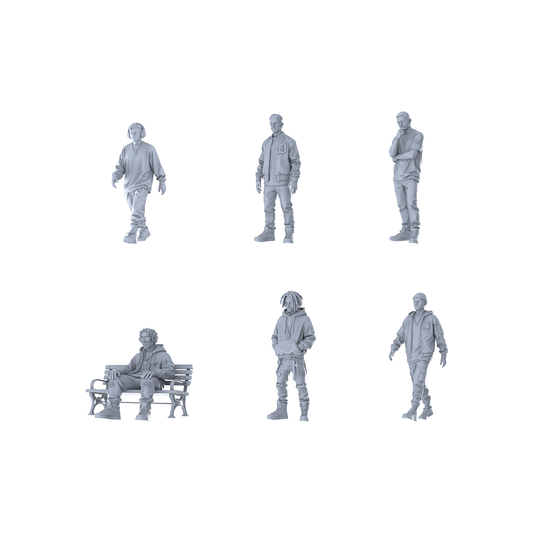 MRY-SFW LYTR605 Modern Street Style Youth Male Multi-Pose Six-Person Set Miniature Car Diorama Figures Scene Props Accessories Resin