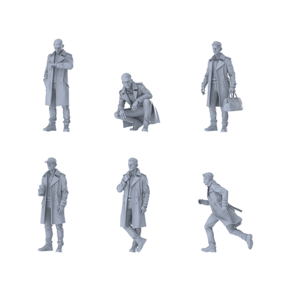 MRY-SFW LYTR608 Modern Urban Trench Coat Style Youth Male Multi-Pose Six-Person Set Miniature Car Diorama Figures Scene Props Accessories Resin
