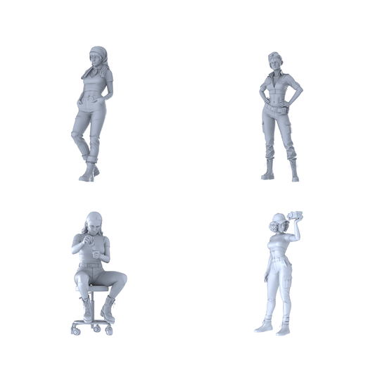 MRY-SFW LYTR594 Modern Trendy Utility-Style Women Maintenance Pose Group of 4 Miniature Car Diorama Figures Scene Props Accessories Resin