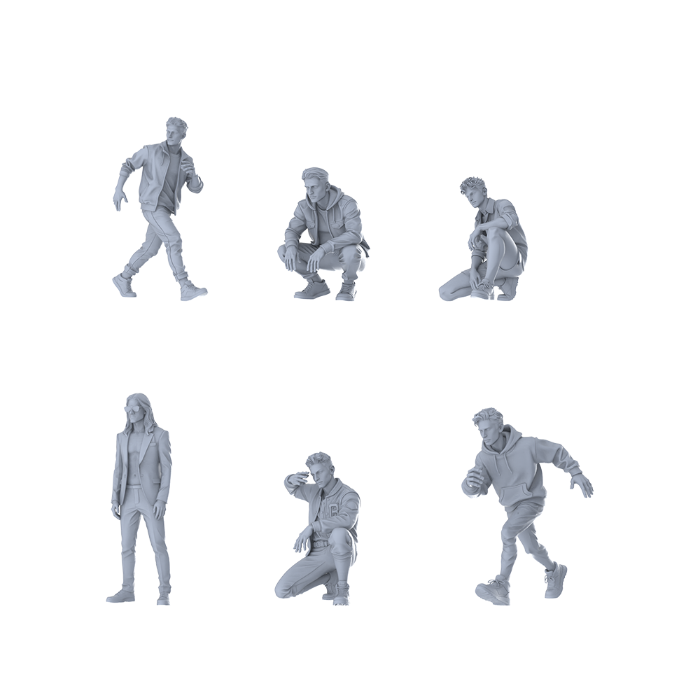 MRY-SFW LYTR615 Modern Urban Casual Style Youth Male Multi-Pose Six-Person Set Miniature Car Diorama Figures Scene Props Accessories Resin