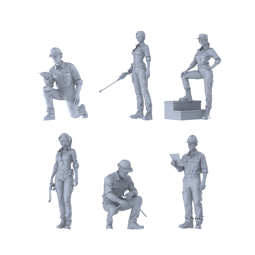 MRY-SFW LYTR585 Modern Engineering Technicians Pose Group of 6 Miniature Car Diorama Figures Scene Props Accessories Resin