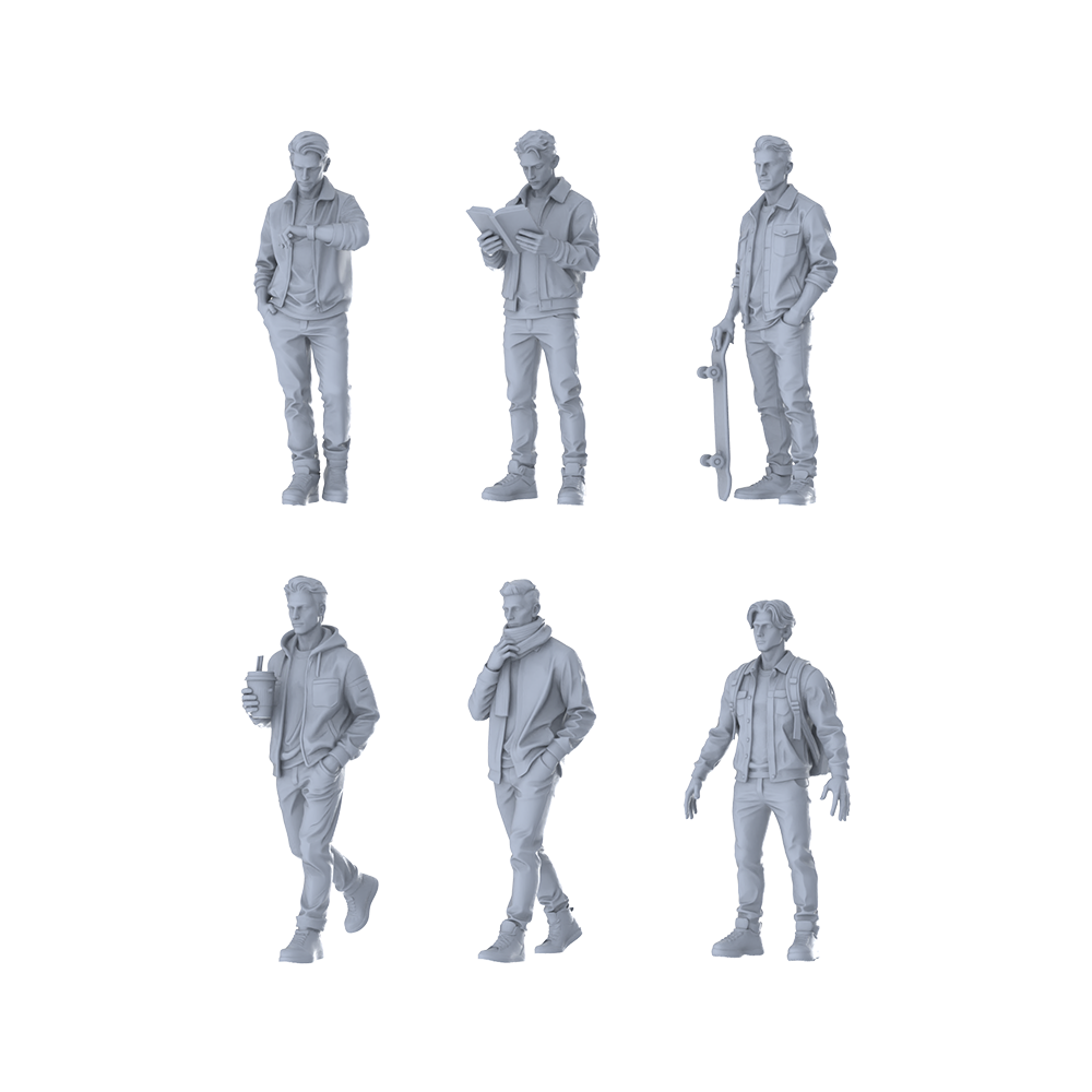 MRY-SFW LYTR622 Modern Urban Lifestyle Style Youth Male Multi-Pose Six-Person Set Miniature Car Diorama Figures Scene Props Accessories Resin