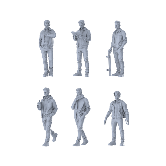 MRY-SFW LYTR622 Modern Urban Lifestyle Style Youth Male Multi-Pose Six-Person Set Miniature Car Diorama Figures Scene Props Accessories Resin