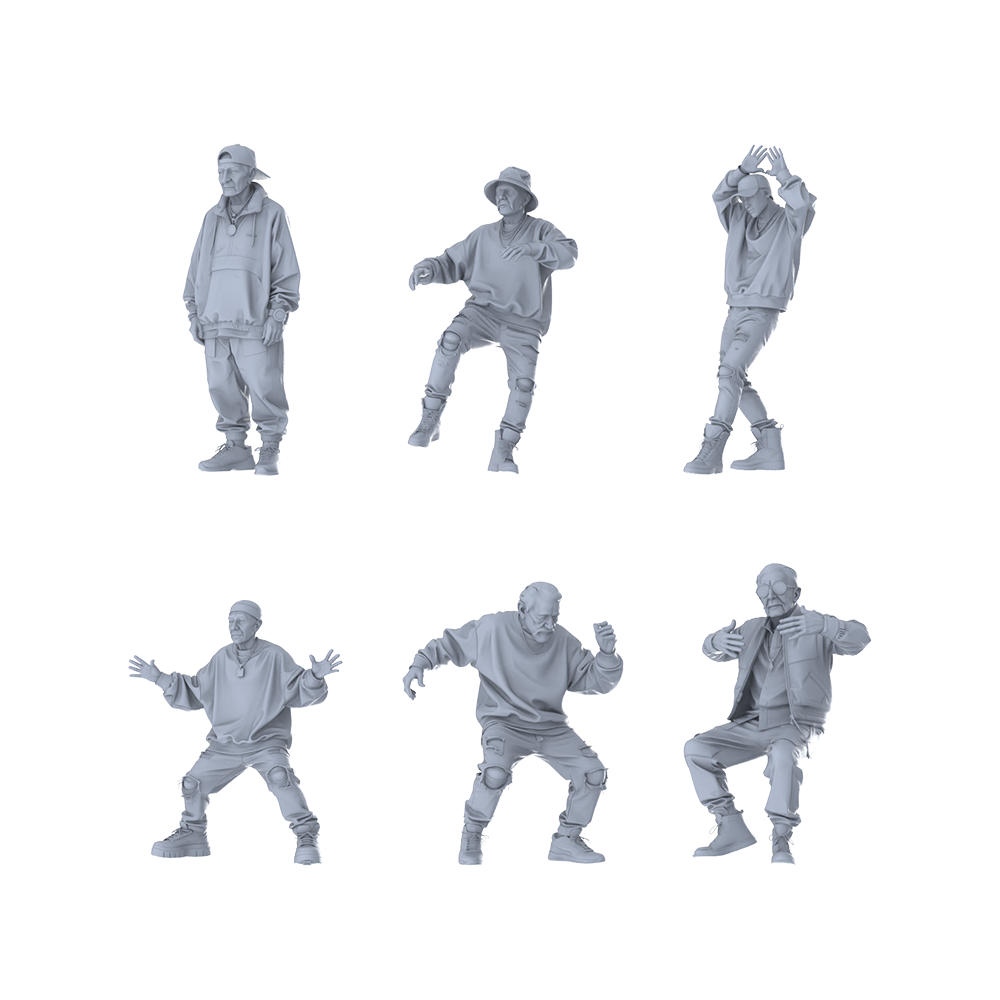 MRY-SFW LYTR602 Modern Street Style Elderly Hip-Hop Pose Six-Person Set Miniature Car Diorama Figures Scene Props Accessories Resin