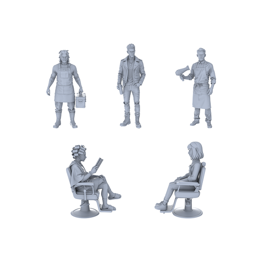 Yao's Studio LYTR124 Modern Urban Barbershop Scene Resin Miniature Model 5-Figure Set - Barbers & Customers Unpainted DIY Model Painting Business Scene Decor 1set
