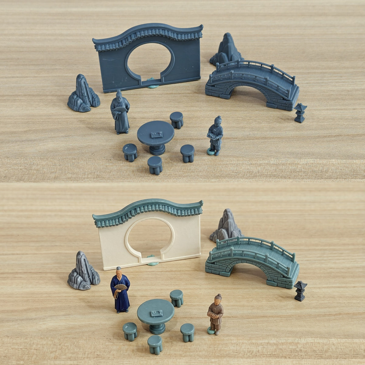 3D Printed Model Chinese Ancient Style Scholar Tea Break Courtyard Miniature Sand Table Set Moon Gate Rockery Stone Lantern Miniature Figurine  MRY-SFW LYTB334