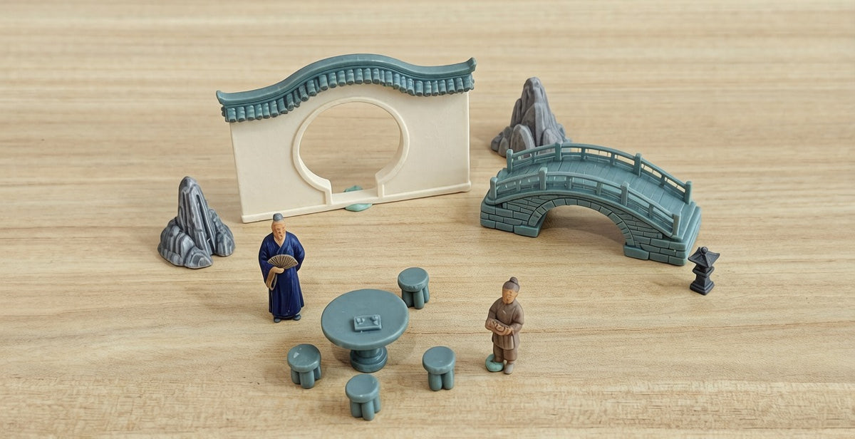 3D Printed Model Chinese Ancient Style Scholar Tea Break Courtyard Miniature Sand Table Set Moon Gate Rockery Stone Lantern Miniature Figurine  MRY-SFW LYTB334