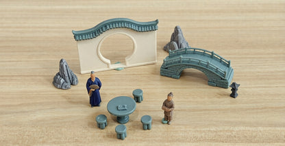 3D Printed Model Chinese Ancient Style Scholar Tea Break Courtyard Miniature Sand Table Set Moon Gate Rockery Stone Lantern Miniature Figurine  MRY-SFW LYTB334
