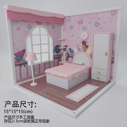 LYTP1011 Sweet Mini Bedroom Sugar Cube Chamber Series 1/18 Scale 3D Printed DIY Miniature Dollhouse For BJD & Obitsu Dolls Desktop Display