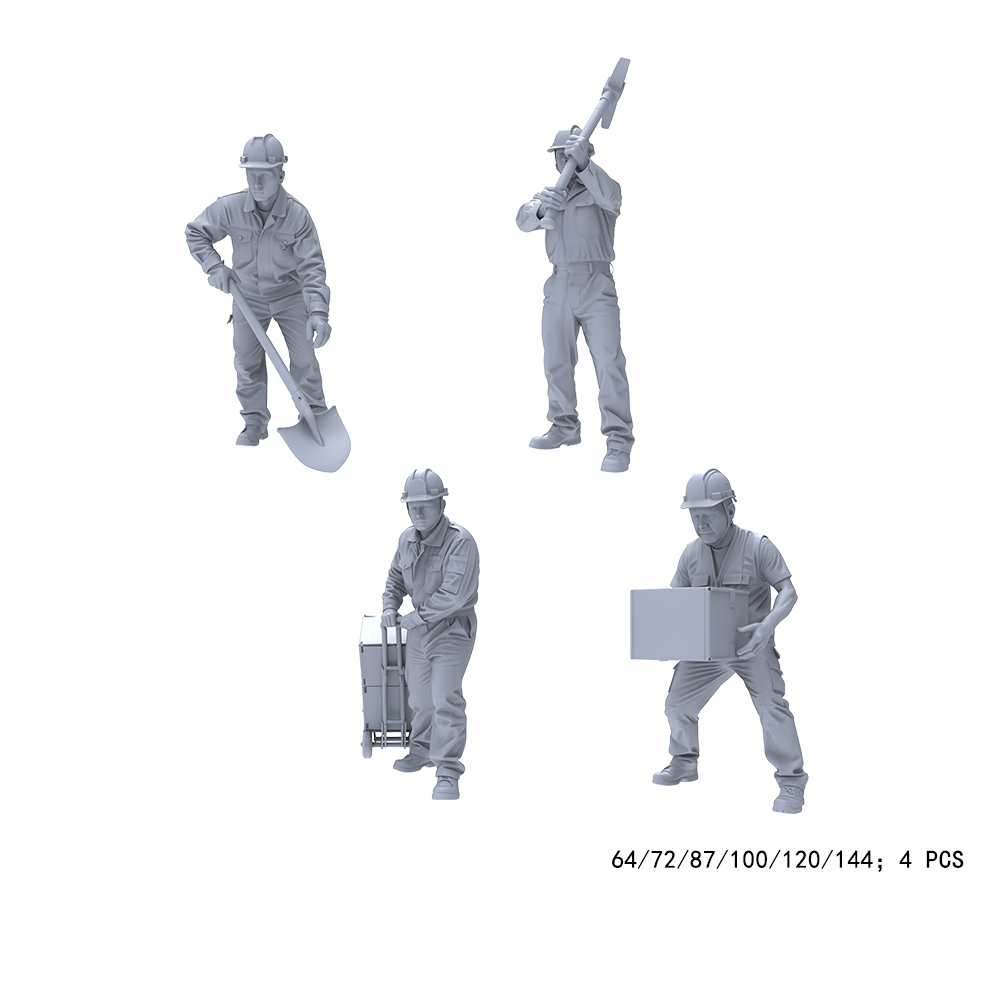 Yao's Studio LYTR013  Unpainted Construction Worker Mini Figures (4PCS) - Resin Models for Building Site Diorama, Wargame Terrain DIY 1set