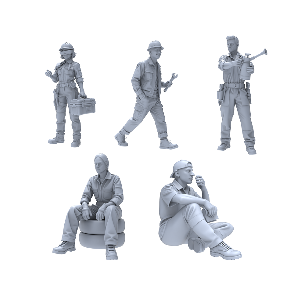 Yao's Studio LYTR029 Auto Repair Scene Resin Miniature Model 5-Piece Set - Auto Mechanic Figures Unpainted DIY Model Painting Garage Scene Decor 1set