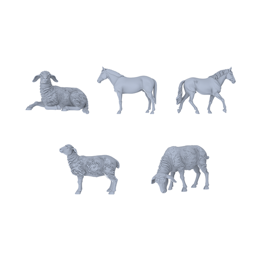 Yao's Studio LYTR052  Rural Ranch Livestock Scene Resin Miniature Model 5-Piece Set - Sheep & Horse Figures Unpainted DIY Model Painting Ranch Scene Decor 1set