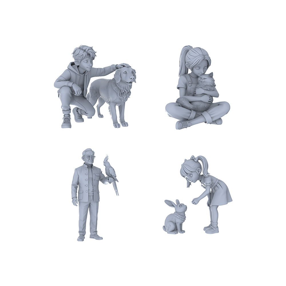 Yao's Studio LYTR092  Human-Pet Interaction Scene Resin Miniature Model 4-Set Set - Pet Companionship Figures Unpainted DIY Model Painting Pet Scene Decor 1set