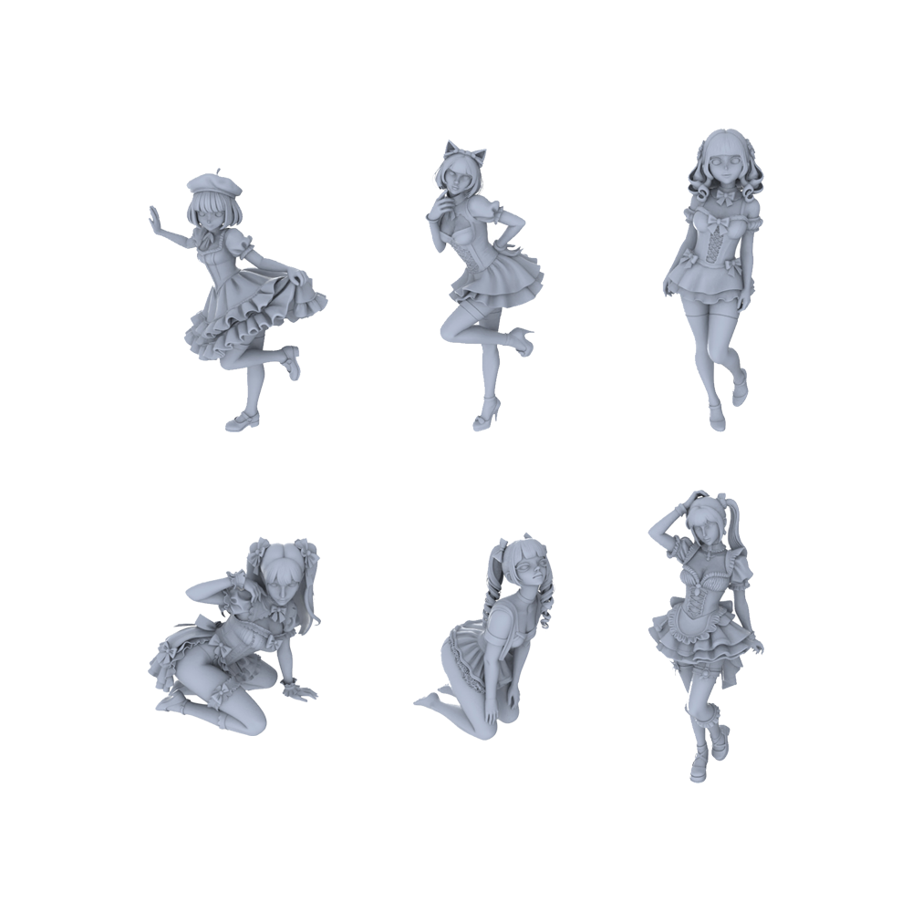 Yao's Studio LYTR158 Maid-styled Girls Resin Miniature Model 6-Figure Set, Unpainted Anime-style Figures, DIY Painting Scene Decoration Miniatures Diorama Resin Figures