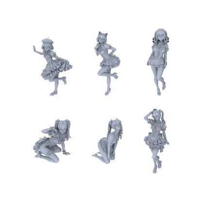 Yao's Studio LYTR158 Maid-styled Girls Resin Miniature Model 6-Figure Set, Unpainted Anime-style Figures, DIY Painting Scene Decoration Miniatures Diorama Resin Figures