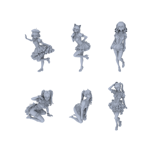 Yao's Studio LYTR158 Maid-styled Girls Resin Miniature Model 6-Figure Set, Unpainted Anime-style Figures, DIY Painting Scene Decoration Miniatures Diorama Resin Figures