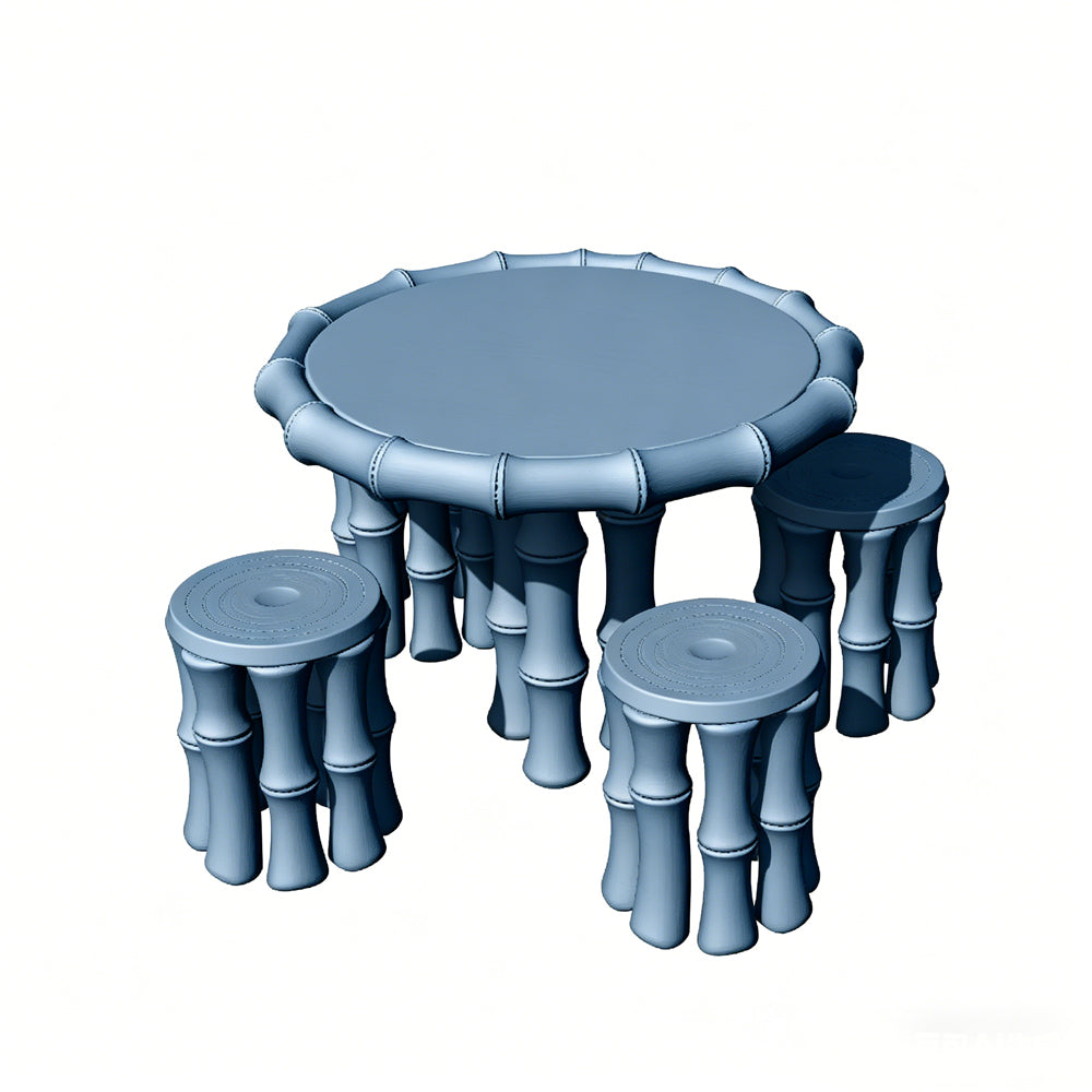 MRY-SFW LYTS512 3D Printed Chinese Bamboo-Style Table & Stool Set, Unpainted White Resin, Miniature Ancient Architecture Garden Diorama Accessories