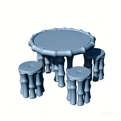 MRY-SFW LYTS512 3D Printed Chinese Bamboo-Style Table & Stool Set, Unpainted White Resin, Miniature Ancient Architecture Garden Diorama Accessories