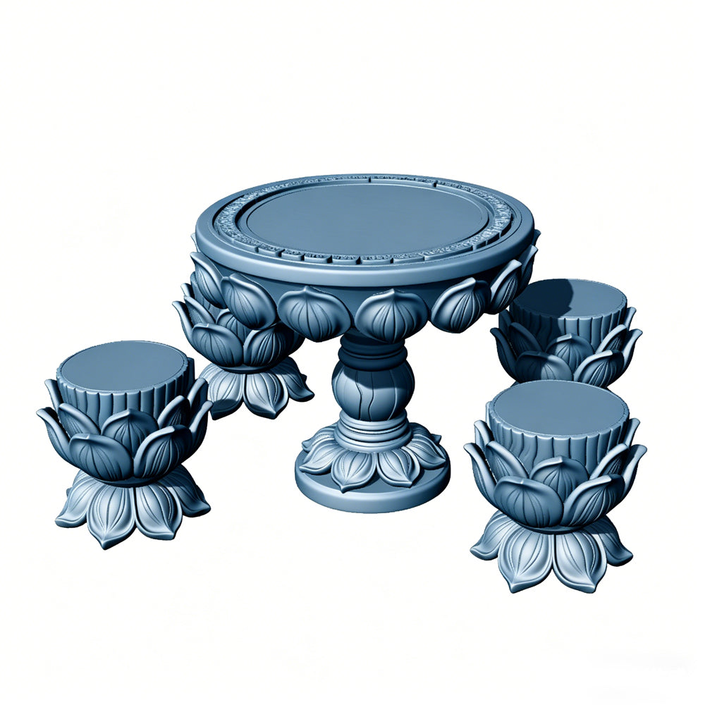 MRY-SFW LYTS513 3D Printed Chinese Lotus Table & Stool Set, Unpainted White Resin, Miniature Ancient Architecture Garden Diorama Accessories