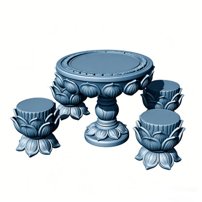 MRY-SFW LYTS513 3D Printed Chinese Lotus Table & Stool Set, Unpainted White Resin, Miniature Ancient Architecture Garden Diorama Accessories