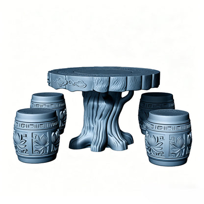 MRY-SFW LYTS516 3D Printed Chinese Tree Root Carved Table & Stool Set, Unpainted White Resin, Miniature Ancient Architecture Garden Diorama Accessories