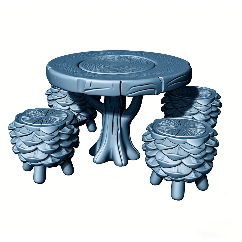 MRY-SFW LYTS517 3D Printed Pine Cone Shaped Table & Stool Set, Unpainted White Resin, Miniature Nature Garden Diorama Accessories