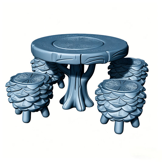 MRY-SFW LYTS517 3D Printed Pine Cone Shaped Table & Stool Set, Unpainted White Resin, Miniature Nature Garden Diorama Accessories
