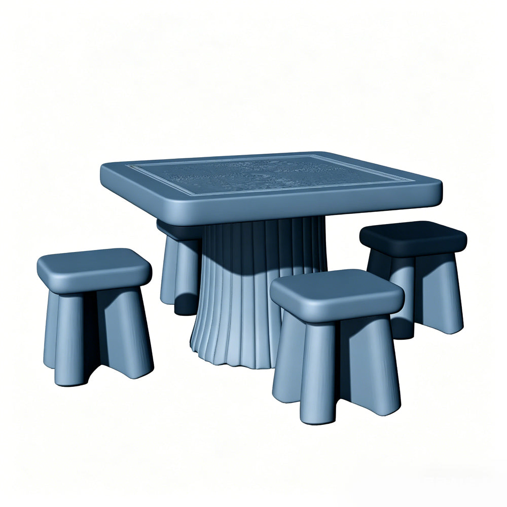 MRY-SFW LYTS519 3D Printed Chinese Tree Stump Square Table & Stool Set, Unpainted White Resin, Miniature Garden Diorama Accessories