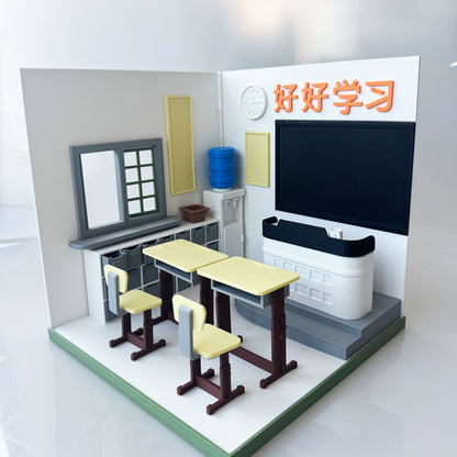RHF121007 1/12 Classroom Window Scene 3D Printing DIY Miniature Scenes Dollhouse Frame Creative Decorations Desktop Scenarios Mini Models 12-Inch BJD OB Doll Sunshine Classroom1