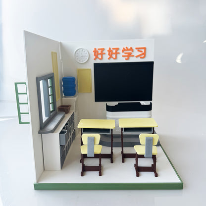 RHF121007 1/12 Classroom Window Scene 3D Printing DIY Miniature Scenes Dollhouse Frame Creative Decorations Desktop Scenarios Mini Models 12-Inch BJD OB Doll Sunshine Classroom1