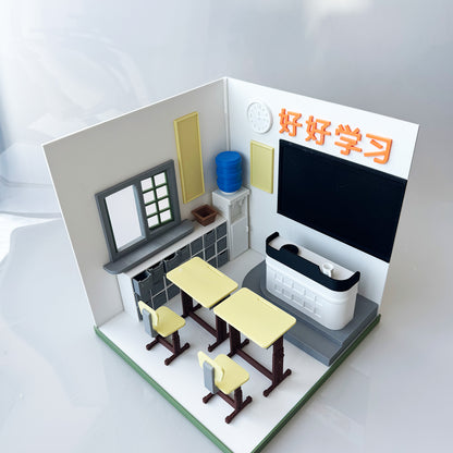 RHF121007 1/12 Classroom Window Scene 3D Printing DIY Miniature Scenes Dollhouse Frame Creative Decorations Desktop Scenarios Mini Models 12-Inch BJD OB Doll Sunshine Classroom1