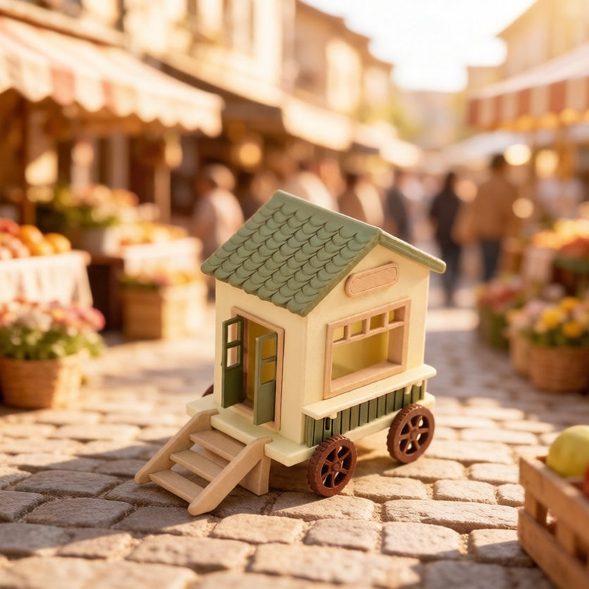 RHF345 Pastoral Style Wooden Mobile Cabin Model Pastoral Style Wooden Mobile Miniature House, Wheeled Design
