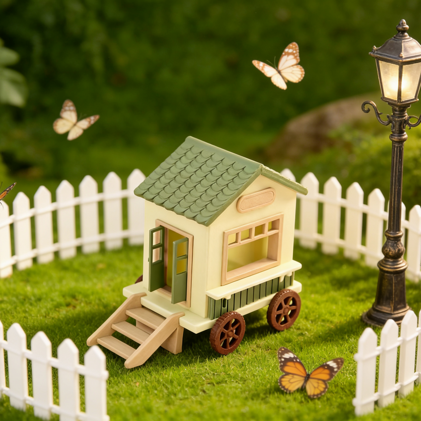 RHF345 Pastoral Style Wooden Mobile Cabin Model Pastoral Style Wooden Mobile Miniature House, Wheeled Design
