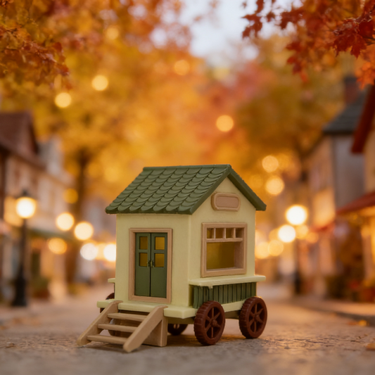 RHF345 Pastoral Style Wooden Mobile Cabin Model Pastoral Style Wooden Mobile Miniature House, Wheeled Design