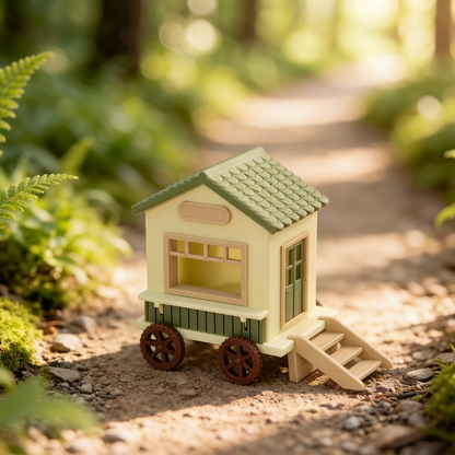 RHF345 Pastoral Style Wooden Mobile Cabin Model Pastoral Style Wooden Mobile Miniature House, Wheeled Design