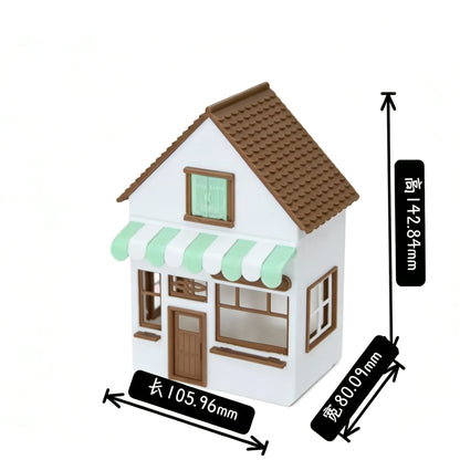 RHF346 Cream Fresh Style Street-Front Shop Model Cream White Fresh Style Street Shop Miniature Building with Green-White Striped Awning for Diorama