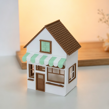 RHF346 Cream Fresh Style Street-Front Shop Model Cream White Fresh Style Street Shop Miniature Building with Green-White Striped Awning for Diorama