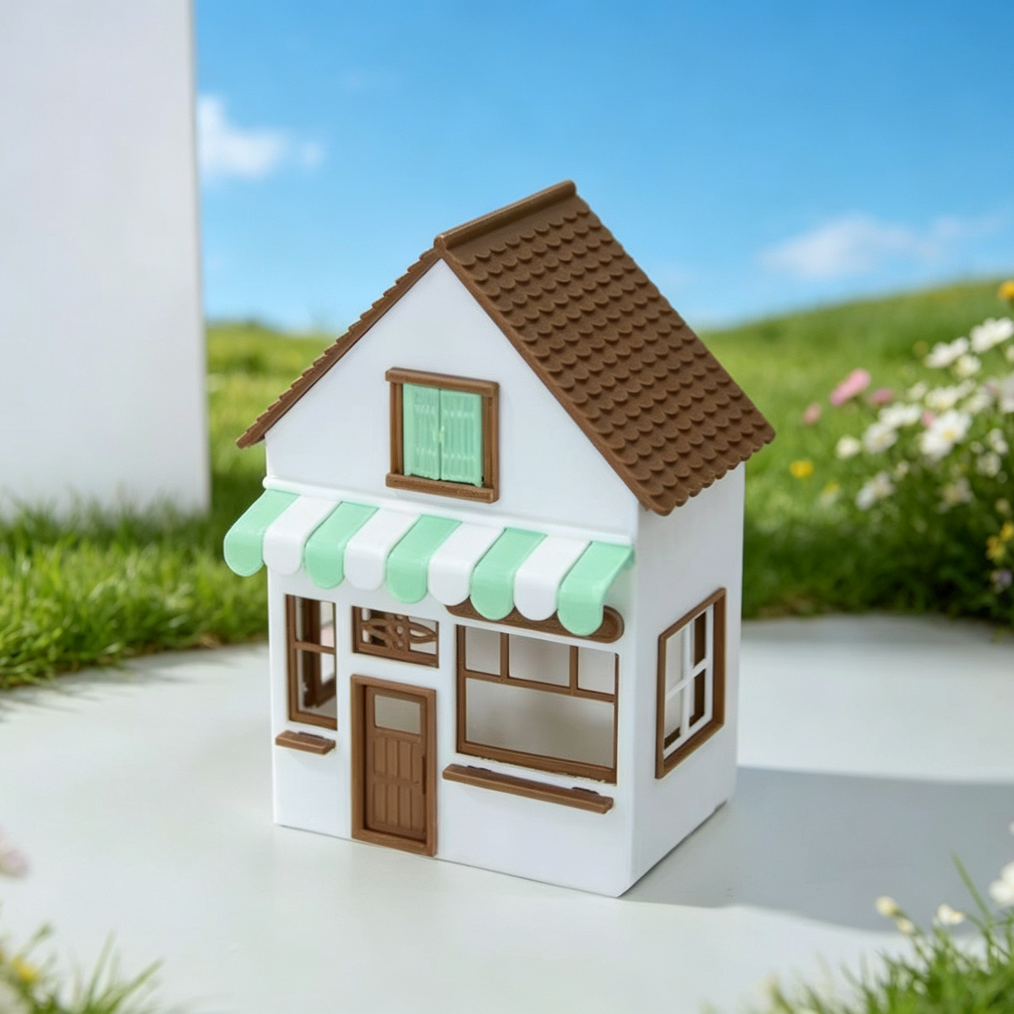 RHF346 Cream Fresh Style Street-Front Shop Model Cream White Fresh Style Street Shop Miniature Building with Green-White Striped Awning for Diorama